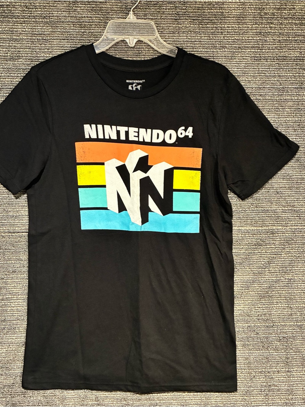 Nintendo Black T-shirt with Retro Logo Orange Yellow Teal Stripes